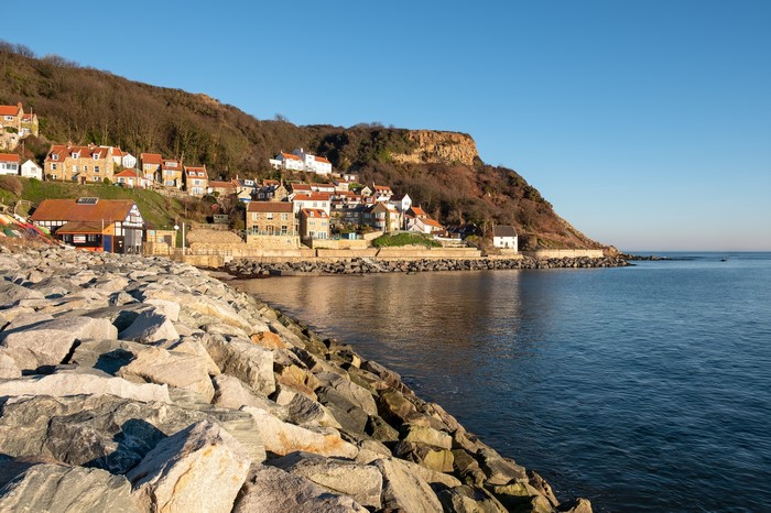Runswick Bay, Yorkshire Coastline with Houses and Sea