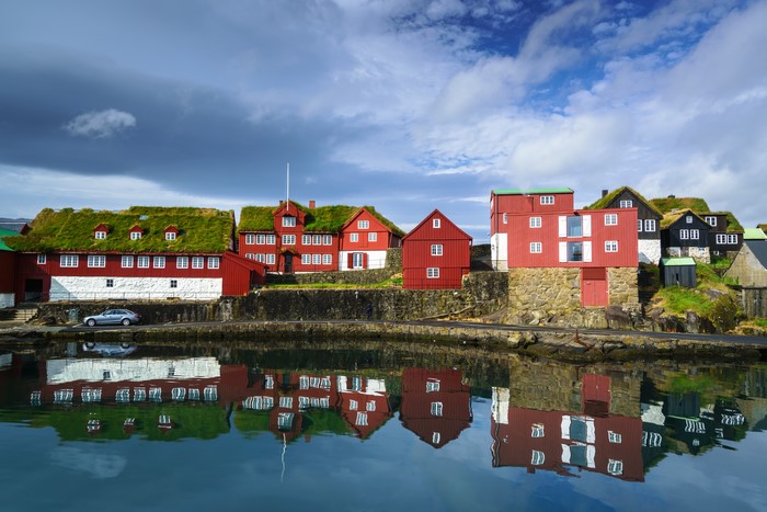 Red houses with grass roofs and reflections in Denmark