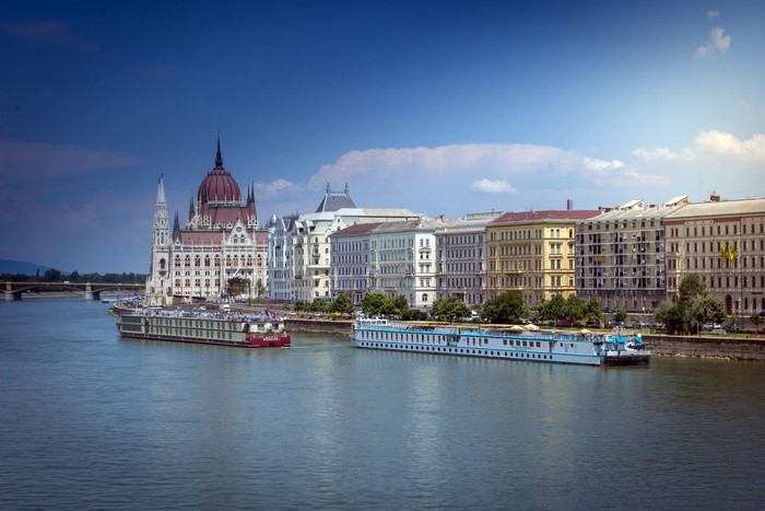 Budapest Parliament Building and Danube River with Riverboats