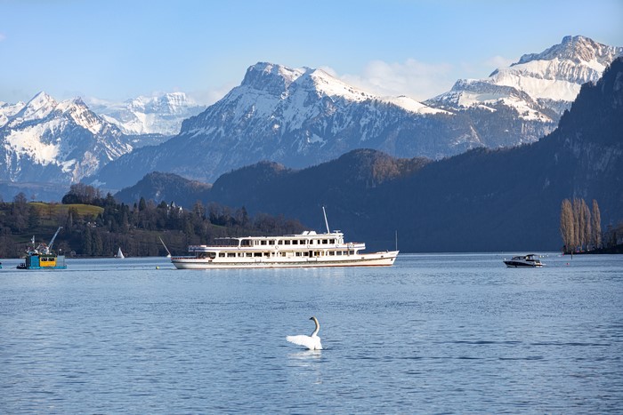 Riverboat on Lake Lucerne with Snow-Capped Alps