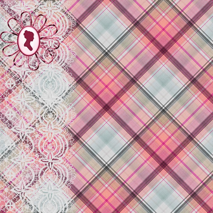 Pink and blue plaid fabric with lace trim and cameo.