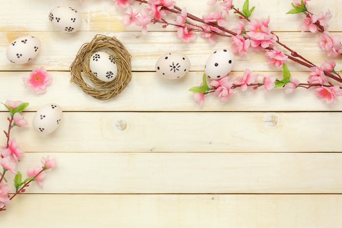 Easter eggs and pink flowers on wood planks