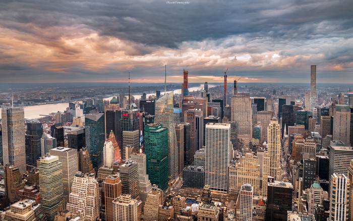 New York City Skyline from Above with Dramatic Clouds