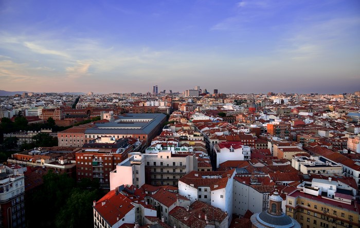 Madrid cityscape from above at sunset