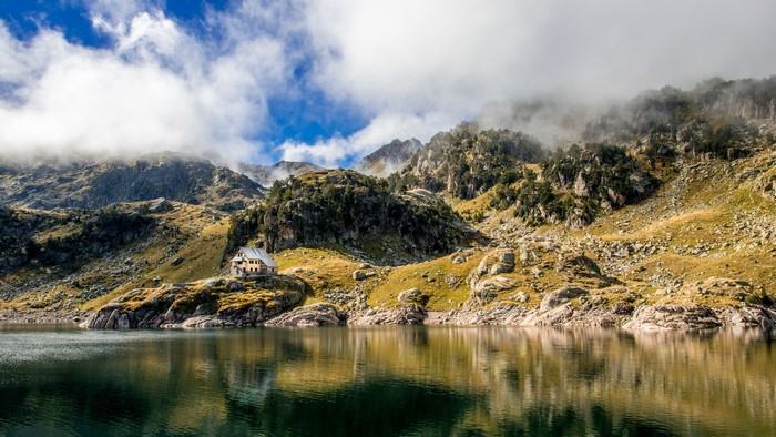 Mountains, Lake, Stones, Clouds, Crag