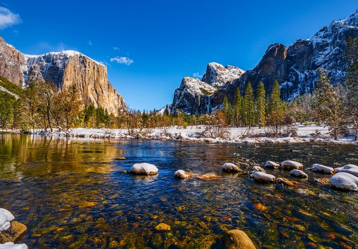 Yosemite National Park in California with Snow and River