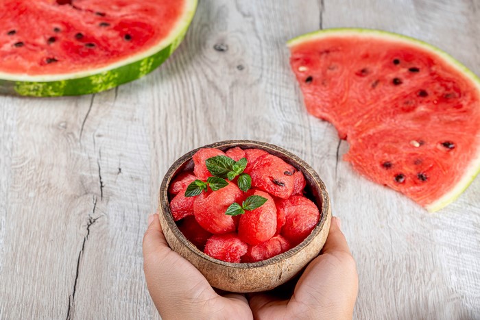 Watermelon balls in a coconut bowl