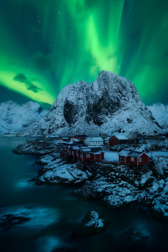Aurora Borealis over Lofoten Mountains in Norway