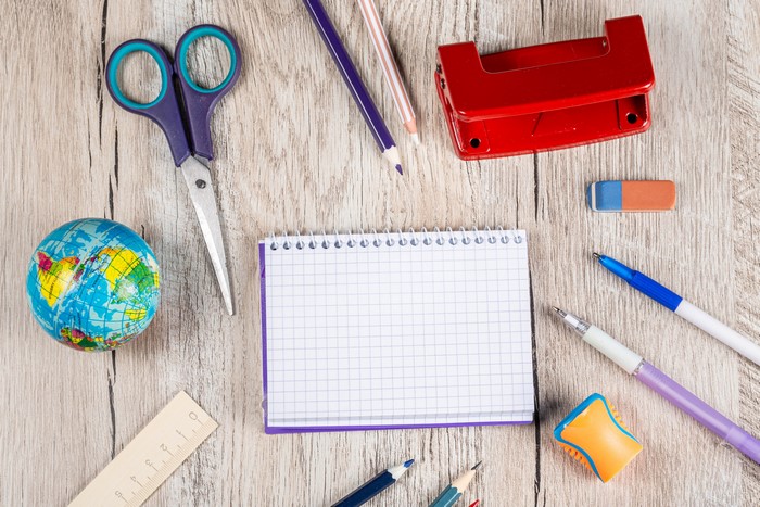 School supplies on a wooden table