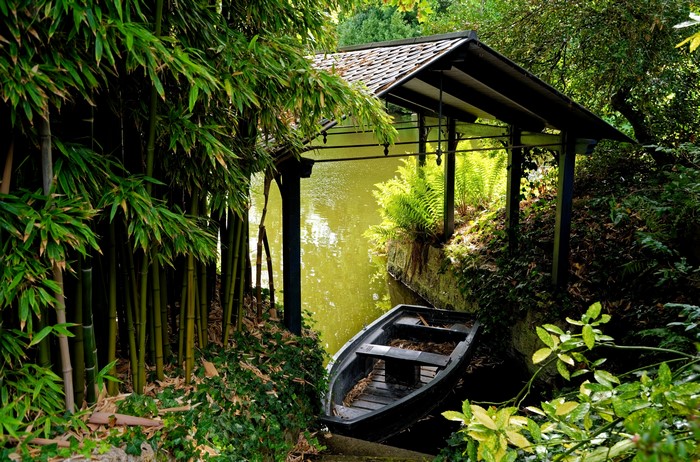 Boat docked under a covered structure near bamboo and a river