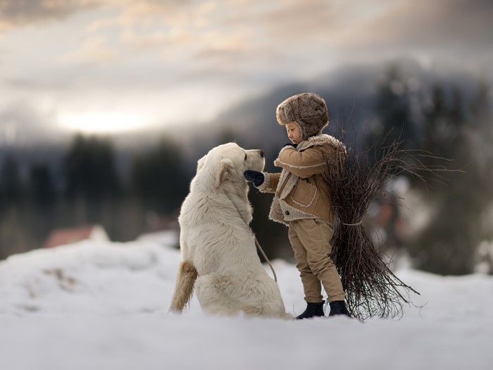 Boy and dog in the snow