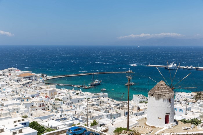 Mykonos, Greece: White Houses, Harbor, and Windmill