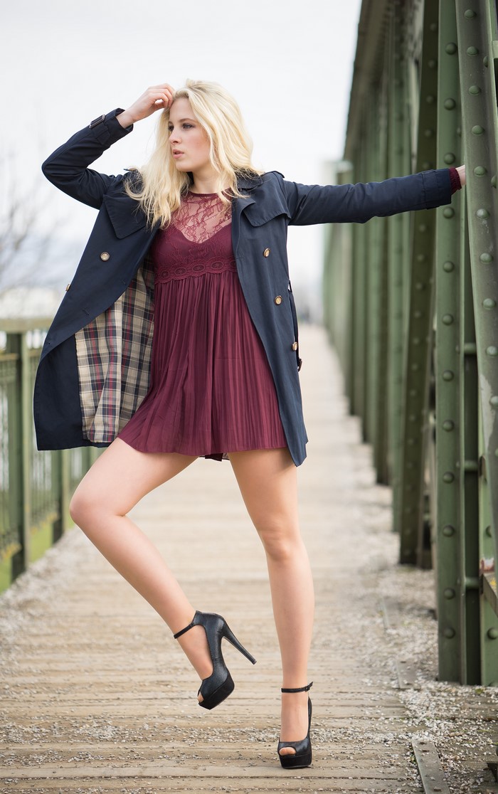 Victoria in Elegant Burgundy Dress and Coat