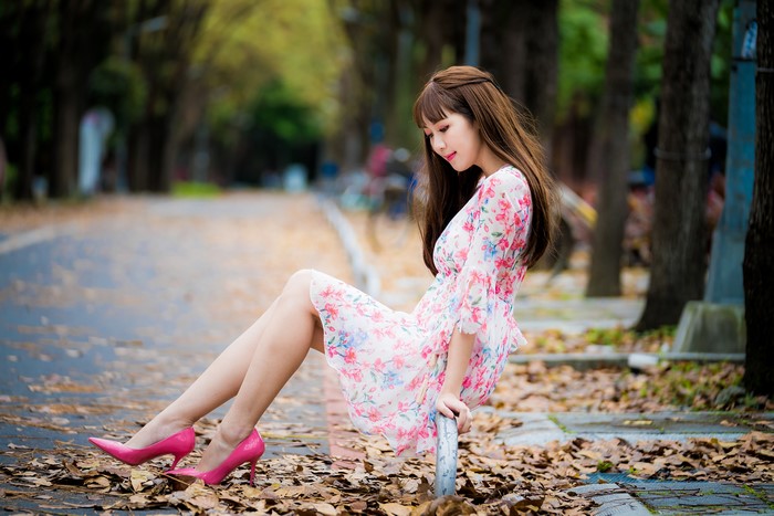 4K, Asian, Sitting, Stilettos, Legs, Foliage, Dress, Bokeh, HD ...