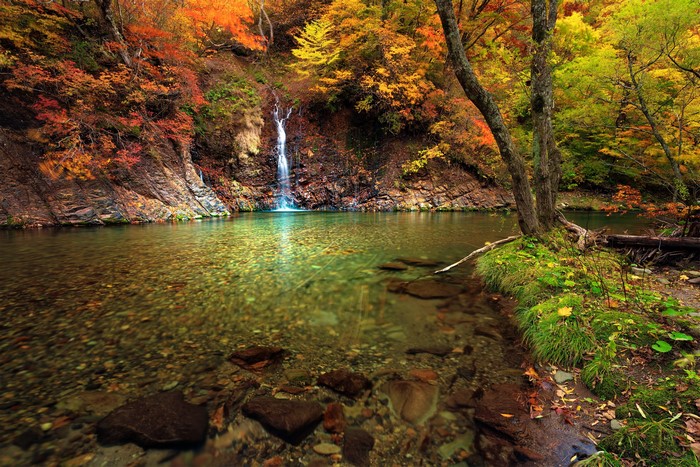 Autumn waterfall and river with colorful foliage