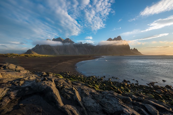 Vestrahorn Mountains, Iceland, with Black Sand Beach and Rocks