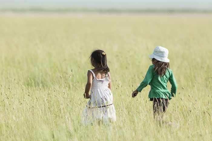 Two little girls walking in a field