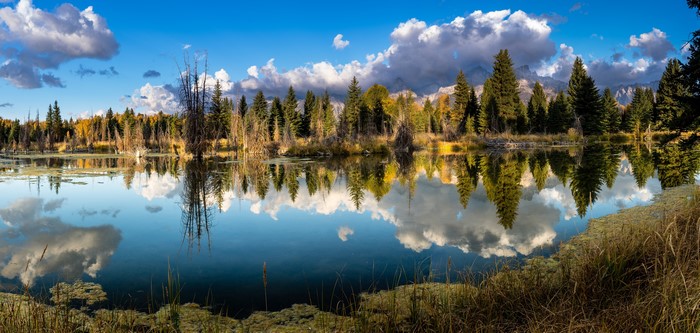 Autumn Panorama of Grand Teton National Park with Reflections