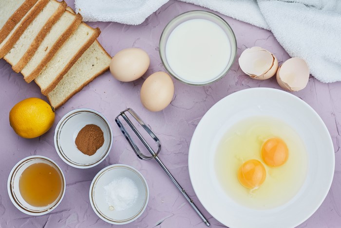 Ingredients for French Toast: Bread, Eggs, Milk, Lemon, Cinnamon, Sugar, Honey