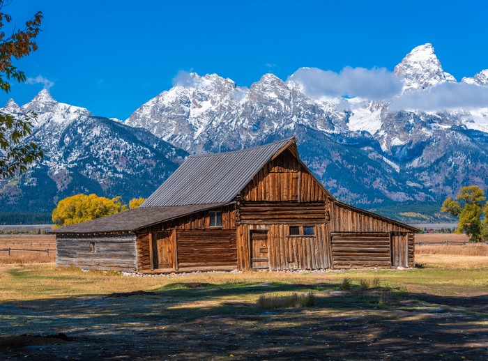 Wooden Barn in Grand Teton National Park with Mountains