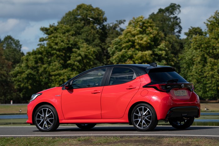 Red Toyota Yaris Hybrid UK-spec 2020