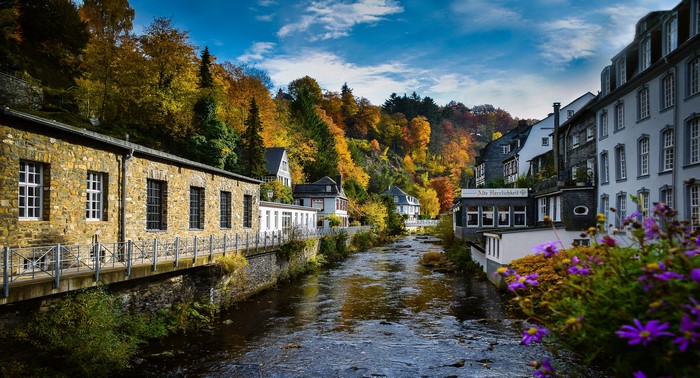 Monschau, Germany: River and Autumn Trees