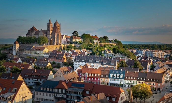 Breisach am Rhein, Germany with a large church on a hill
