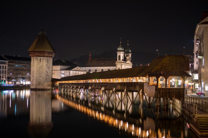 Chapel Bridge and Water Tower at Night in Lucerne, Switzerland