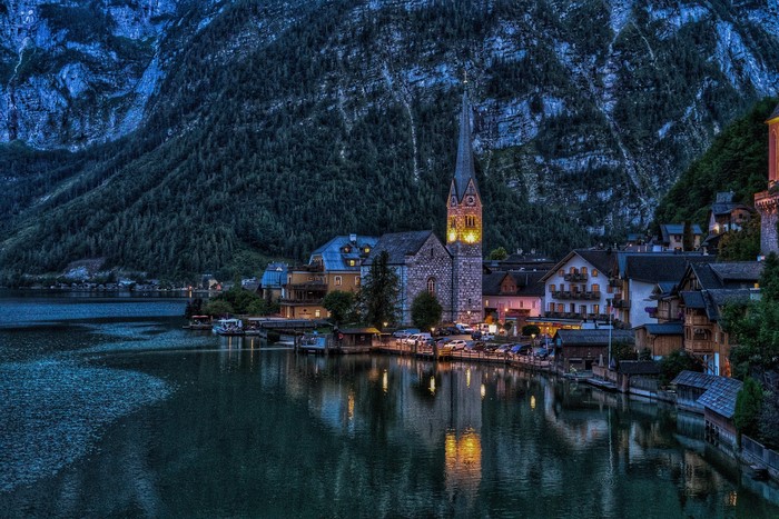 Hallstatt, Austria village by the lake at night