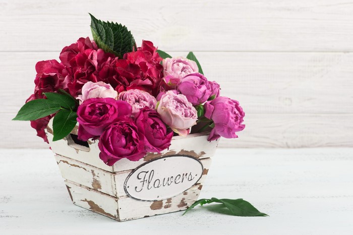 Bouquet of Roses in a Wooden Box