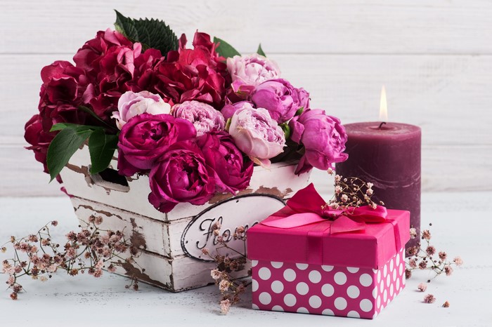 Bouquet of Roses, Gift Box, and Candle