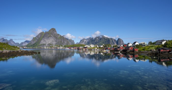 Reine, Lofoten, Norway: Mountains and Houses Reflected in Bay