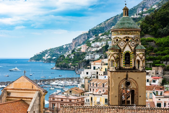Amalfi Coast Italy Church Tower and Yachts
