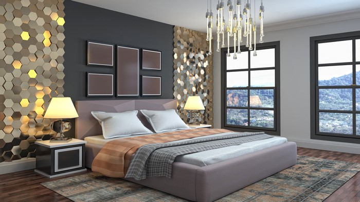 Modern Bedroom with Hexagonal Wall and Mountain View