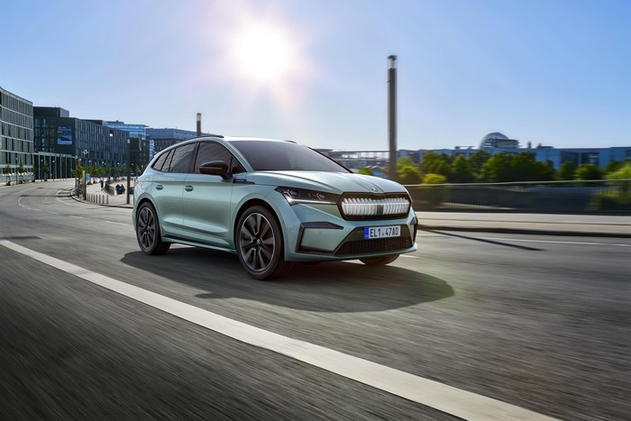 Skoda Enyaq iV Founders Edition driving on road
