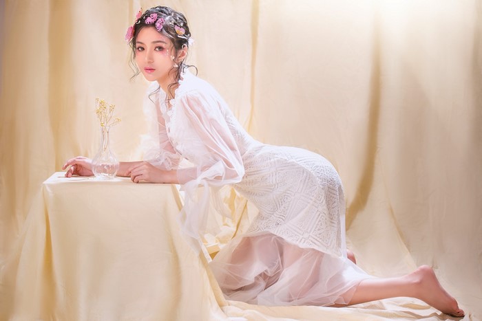 4K Asian Woman in Elegant White Dress