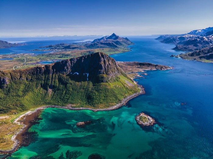 4K Norway Lofoten Mountains and Sea Aerial View