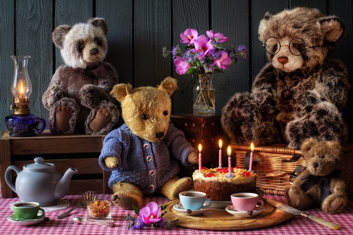Teddy Bears' Birthday Celebration with Cake and Tea