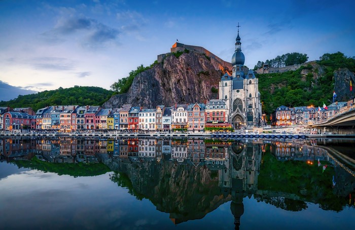 Dinant, Belgium: Houses, River, Church, and Crag Reflection