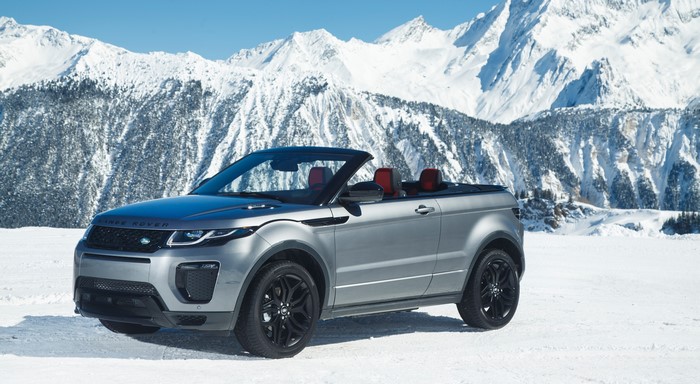Silver Land Rover Range Rover Evoque Convertible in Snow
