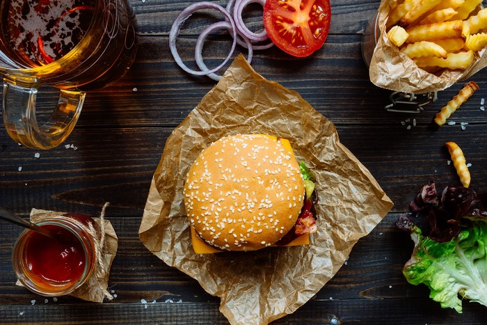 Hamburger with fries and beer
