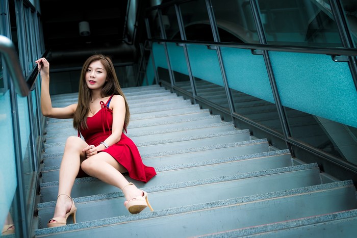 4K, Asian, Stairs, Brown haired, Dress, Sitting, Legs, Stilettos, Bokeh ...