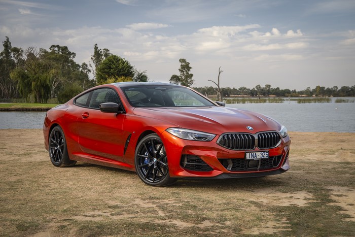 Red BMW 8 Series Coupe by a Lake