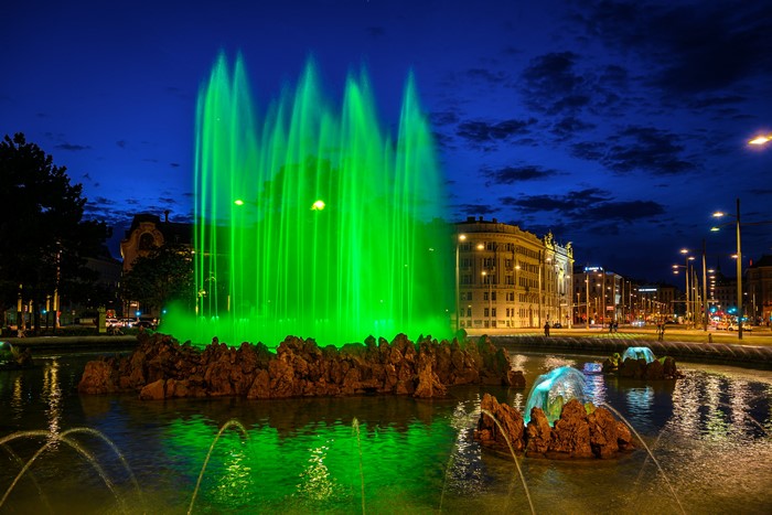 Vienna, Austria: Illuminated Fountain at Night