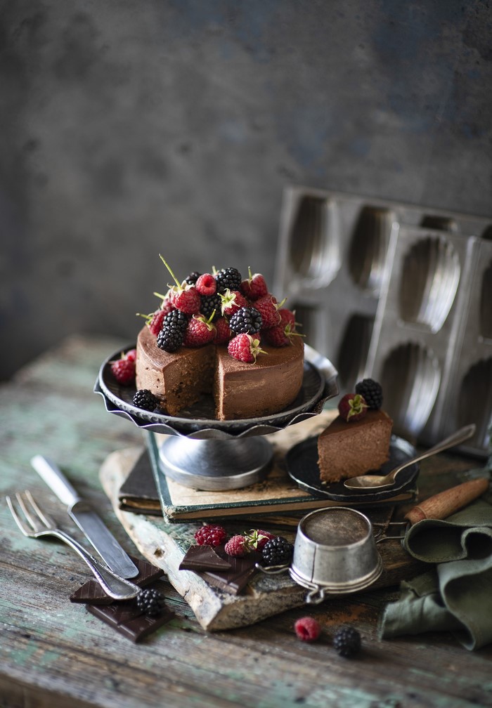 Chocolate cake with raspberries and blackberries