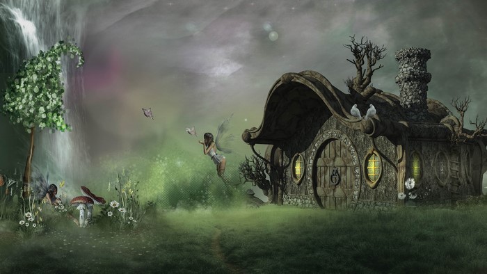 Fairies and a mushroom house by a waterfall