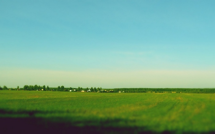 Green field with a village and trees under a blue sky