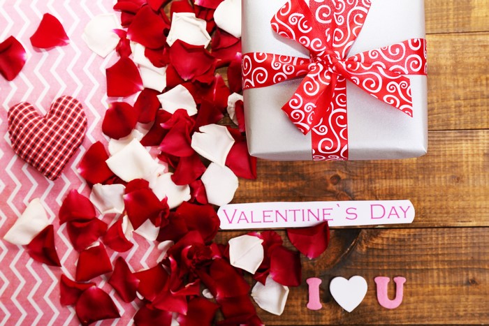 Valentine's Day Gift with Rose Petals and Heart Decorations