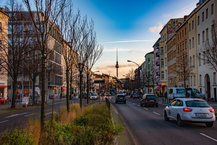 Berlin street with TV Tower and cars