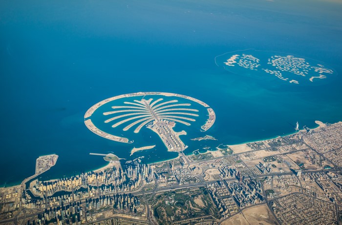 Palm Jumeirah and The World Islands, Dubai from above